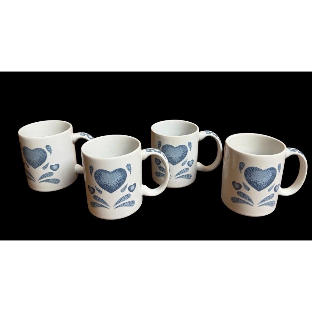 Vintage Jay Imports Blue Heart Stoneware Coffee Mugs Set of 4 Country Folk Art